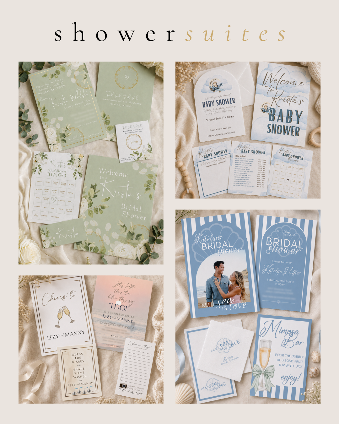 Shower suites collage — bridal showers, baby showers, game cards and signage