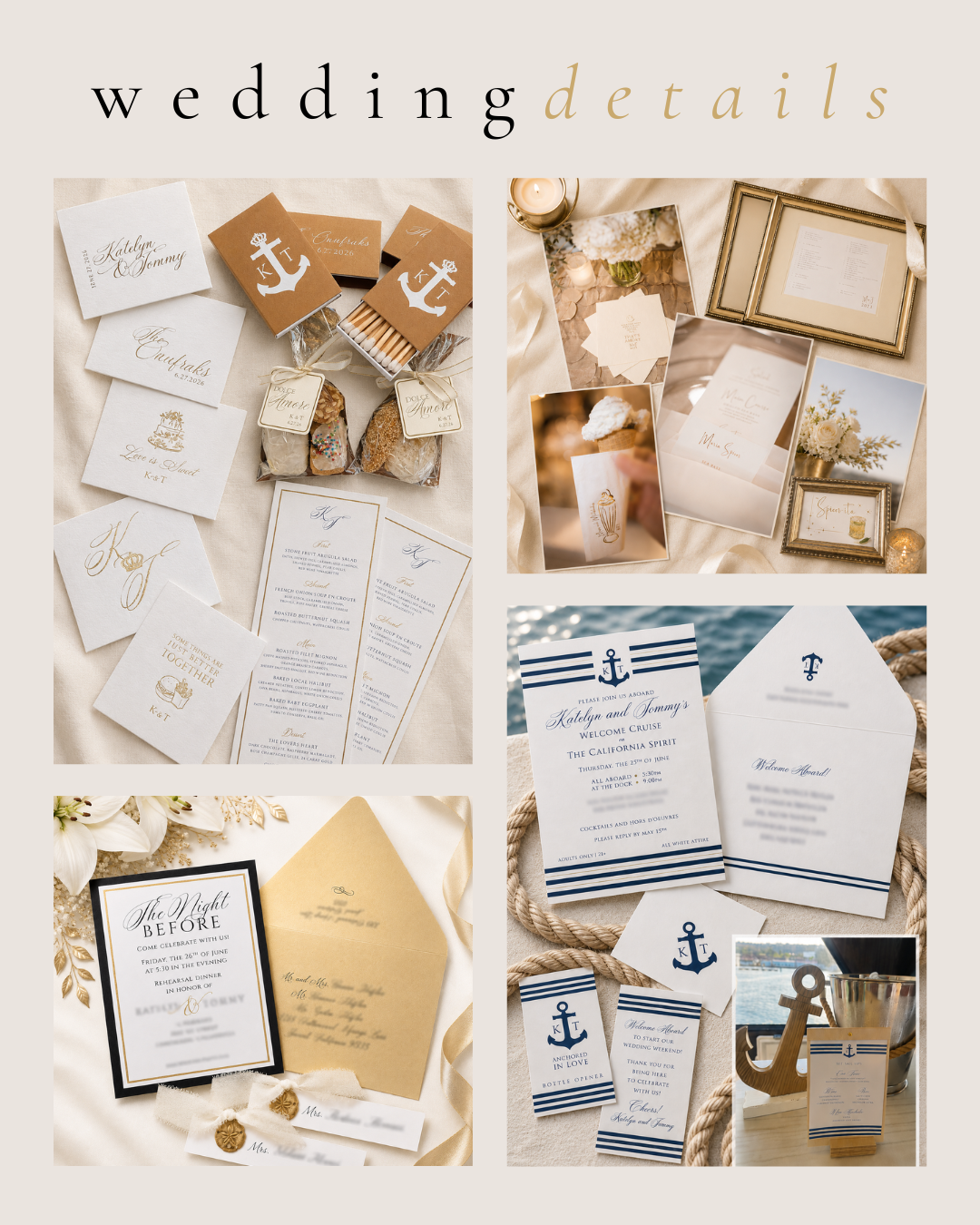 Wedding details collage — invitations, menus, matchbox favors, place cards and signage